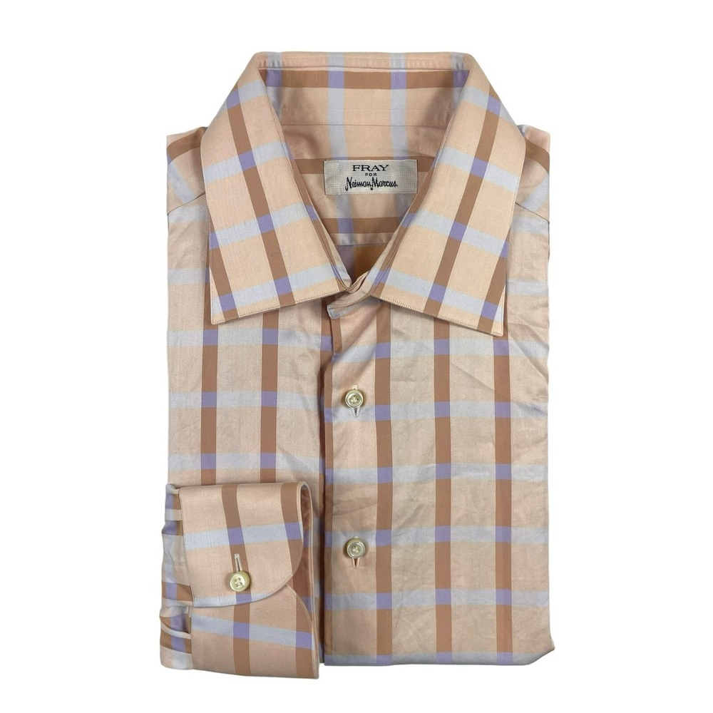 Fray Neiman Marcus Mens Orange Purple Checked Cotton Button Front Shirt 16 L